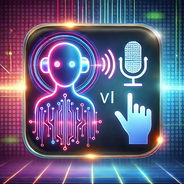 DALL·E 2024-10-07 20.16.48 - A modern and vibrant thumbnail showcasing human-AI voice interaction. The image features a glowing AI assistant icon with sound waves connecting to a